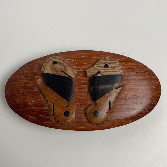 Rare Vintage Wooden Hair Barrette Oval Wooden Disk With Two Sea Horses - Picture 8 of 16